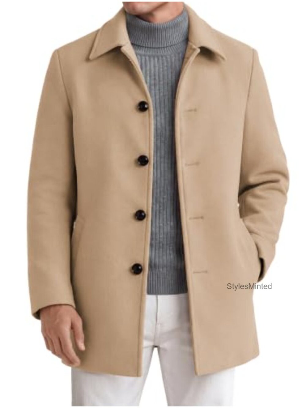 Men's Slim Fit Wool Blend Pea Coat Mid Length Winter Overcoat